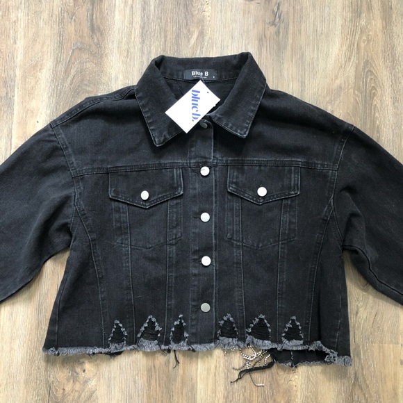 Blue B. Cropped Black Denim Jacket with Silver Rhinestone Fringe - Picture 9 of 16